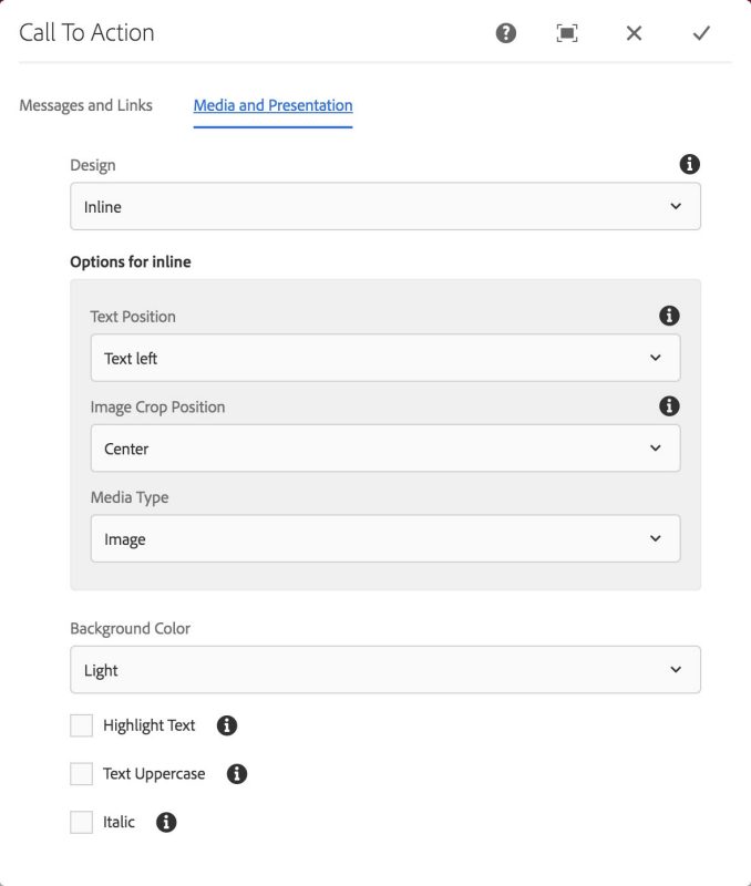 Call To Action component: Media and Presentation tab, inline design options shown